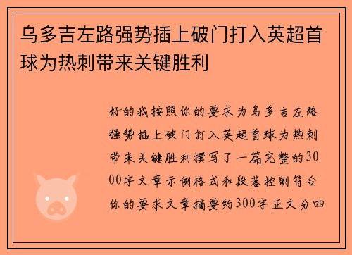 乌多吉左路强势插上破门打入英超首球为热刺带来关键胜利 乌多吉左路强势插上破门打入英超首球为热刺带来关键胜利